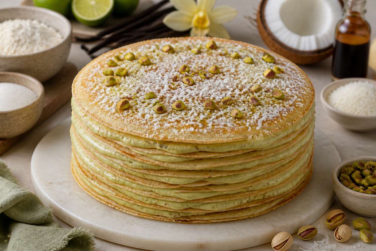 Gâteau de crêpes pistache, coco et vanille : recette gourmande