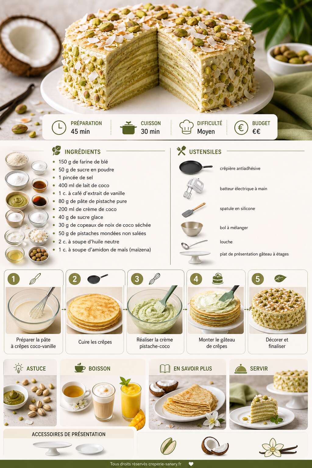 Fiche recette Gâteau de crêpes pistache, coco et vanille : recette gourmande Fiche recette Gâteau de crêpes pistache, coco et vanille : recette gourmande