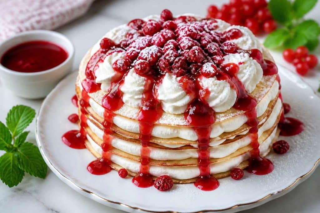 Gâteau de crêpes chantilly et coulis de groseilles
