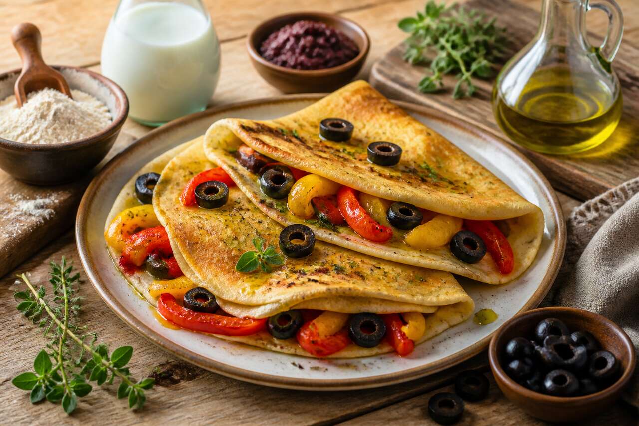 Crêpes salées aux poivrons et olives : recette savoureuse