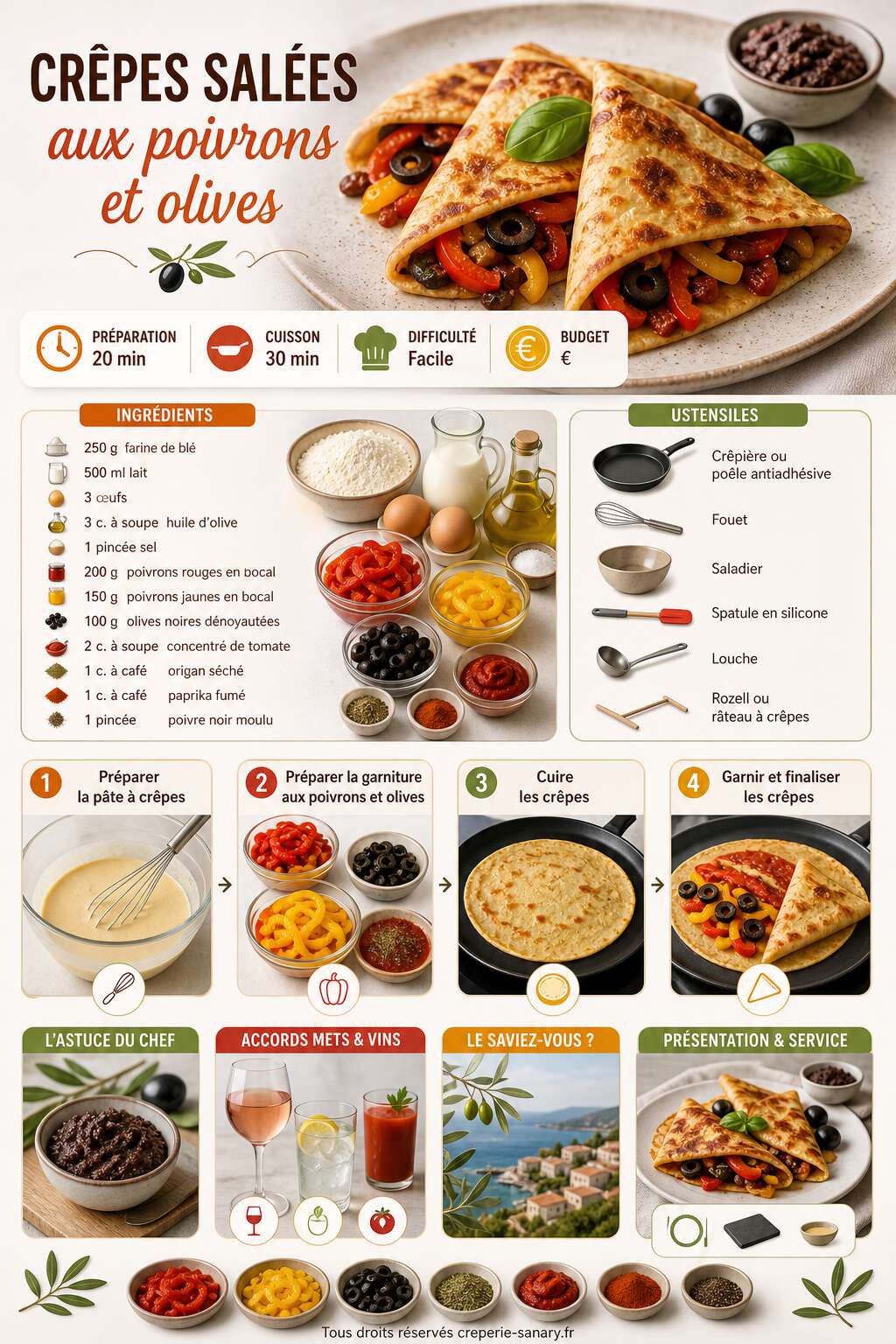 Fiche recette Crêpes salées aux poivrons et olives : recette savoureuse Fiche recette Crêpes salées aux poivrons et olives : recette savoureuse