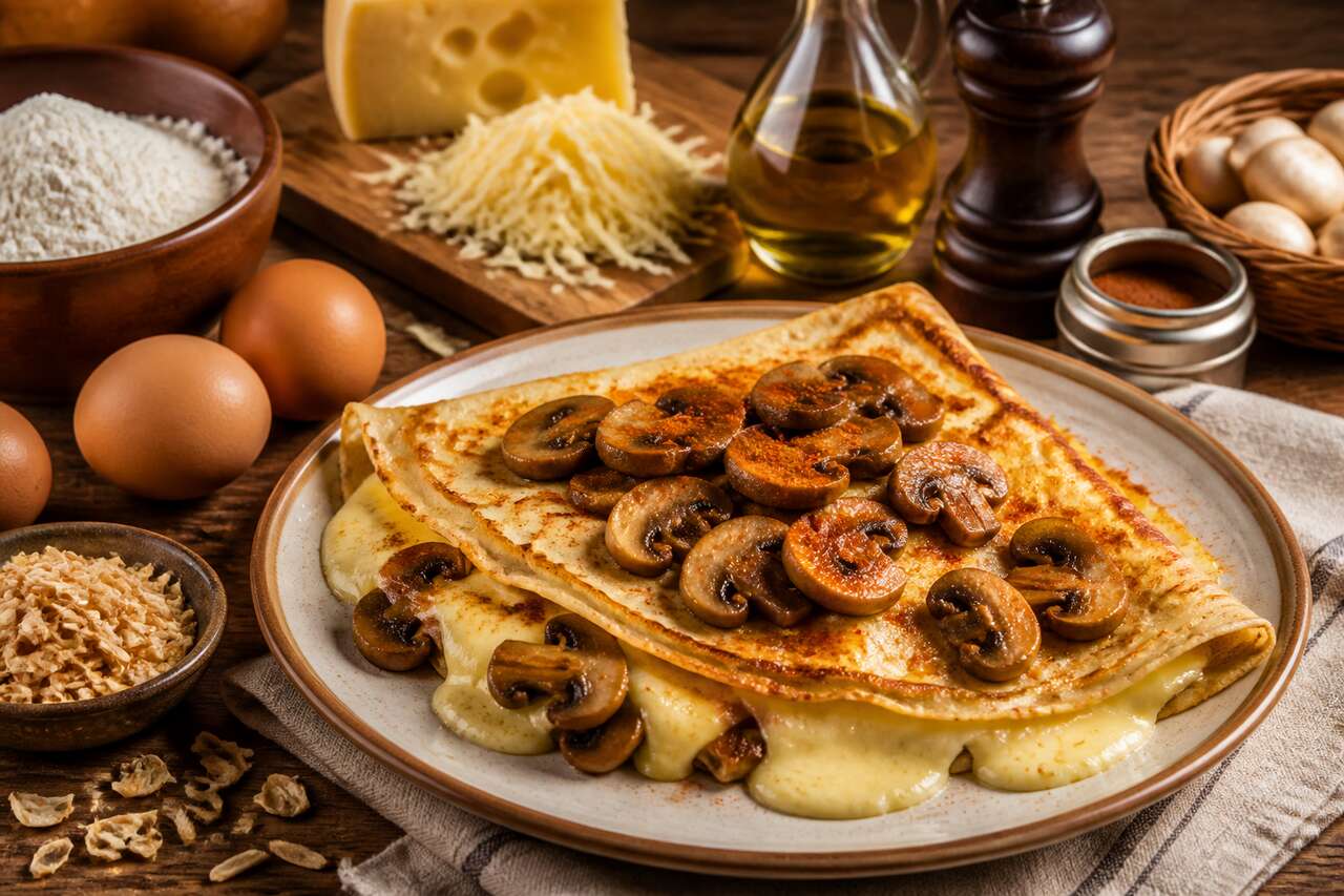 Crêpes aux œufs, fromage râpé, champignons sautés et oignons