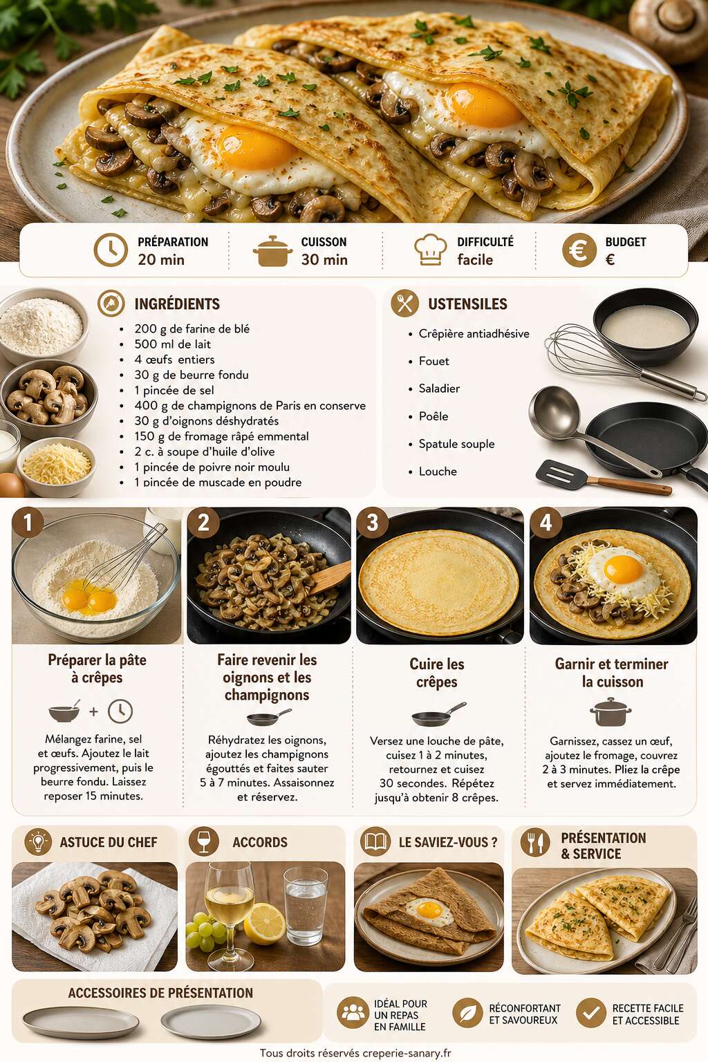 Fiche recette Crêpes aux œufs, fromage râpé, champignons sautés et oignons Fiche recette Crêpes aux œufs, fromage râpé, champignons sautés et oignons