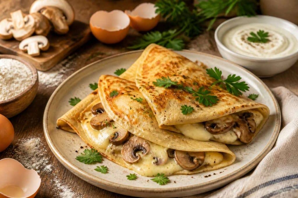 Crêpes salées aux champignons et fromage : recette savoureuse