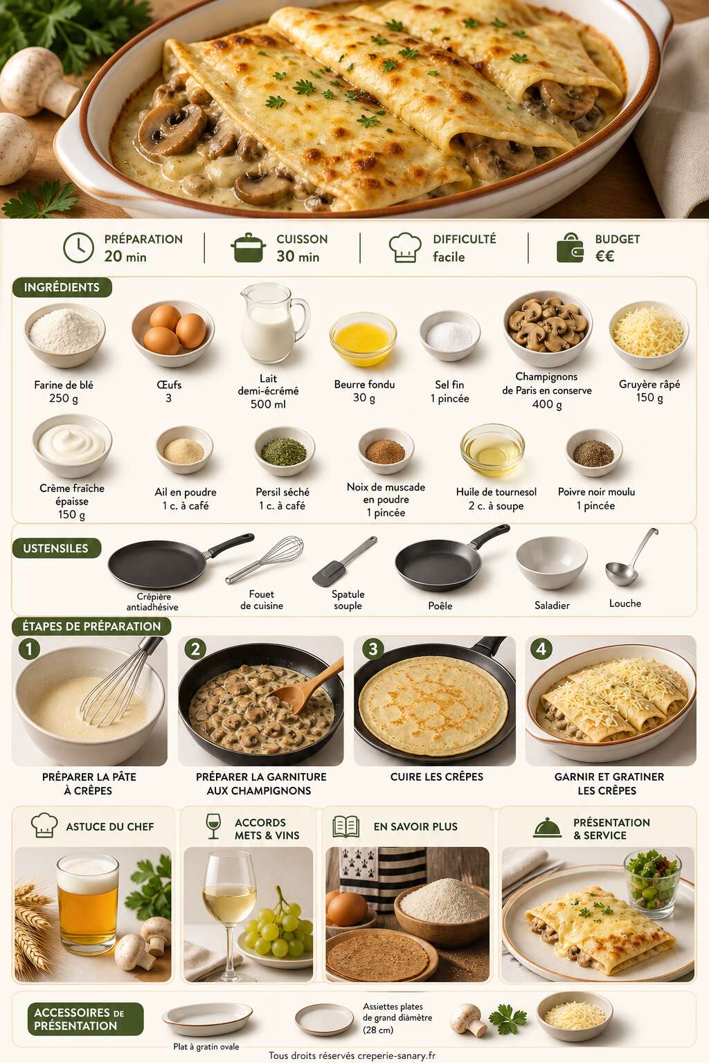 Fiche recette Crêpes salées aux champignons et fromage : recette savoureuse Fiche recette Crêpes salées aux champignons et fromage : recette savoureuse