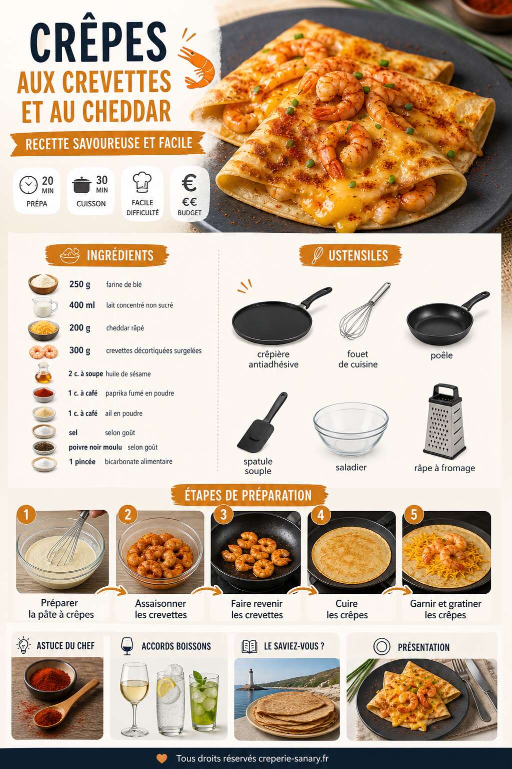 Fiche recette Cr&ecirc;pes aux crevettes et au cheddar : recette savoureuse et facile