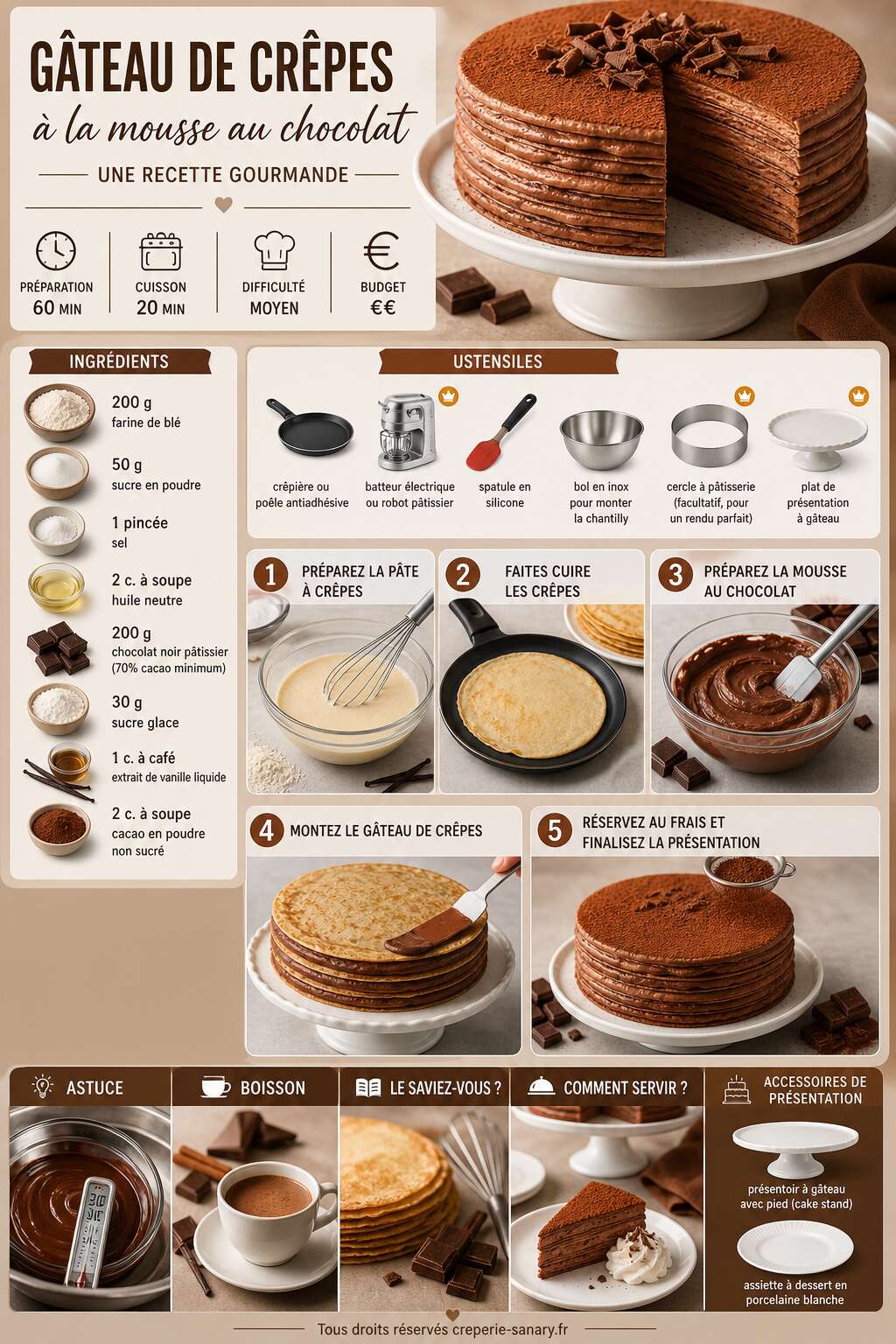 Fiche recette G&acirc;teau de cr&ecirc;pes &agrave; la mousse au chocolat : une recette gourmande
