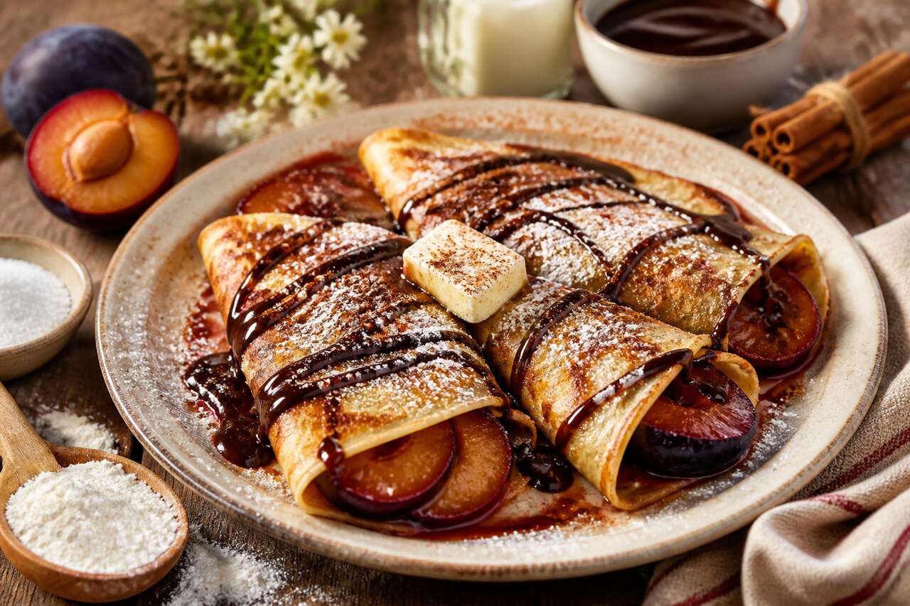 Crêpes aux prunes et sauce chocolat : une délicieuse recette