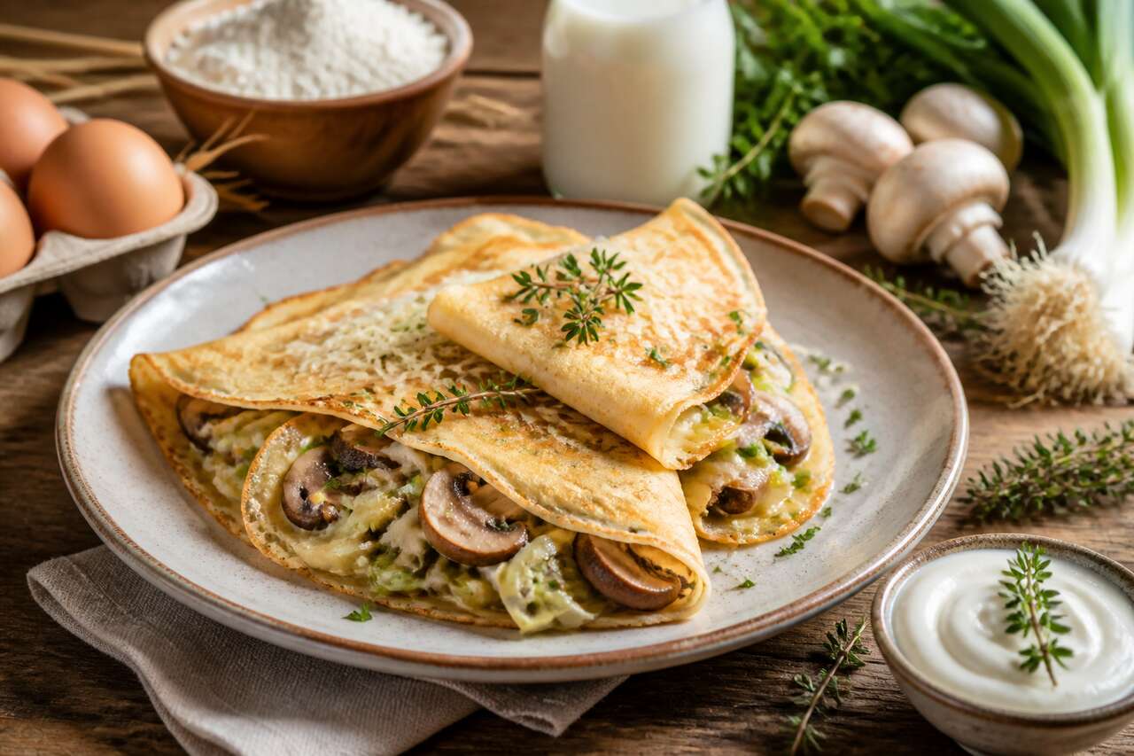 Crêpes légères aux poireaux et champignons : recette savoureuse