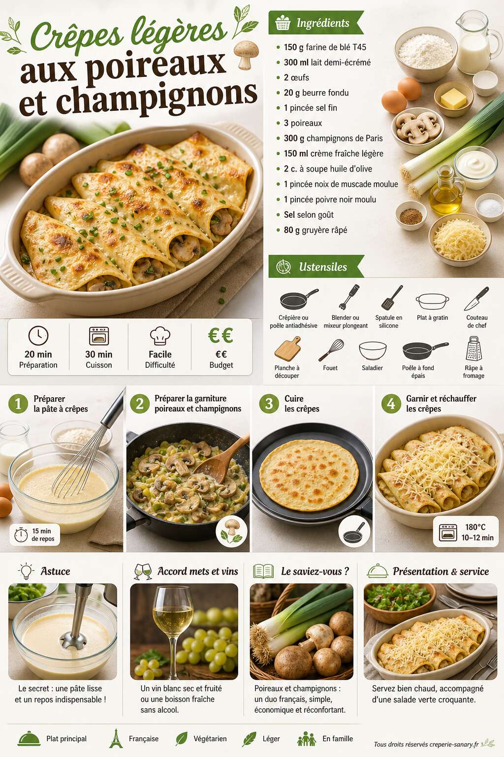 Fiche recette Crêpes légères aux poireaux et champignons : recette savoureuse Fiche recette Crêpes légères aux poireaux et champignons : recette savoureuse