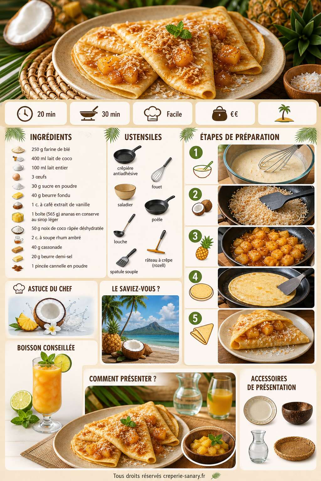 Fiche recette Cr&ecirc;pes &agrave; l'ananas et coco : recette exotique et gourmande