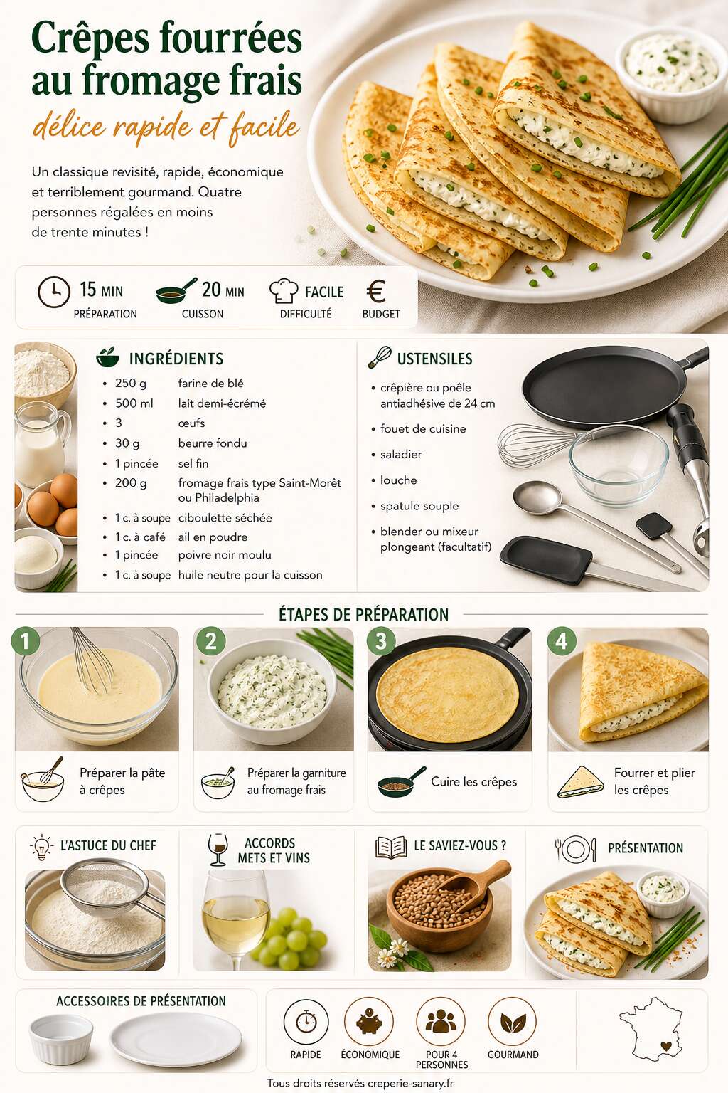 Fiche recette Crêpes fourrées au fromage frais : délice rapide et facile Fiche recette Crêpes fourrées au fromage frais : délice rapide et facile