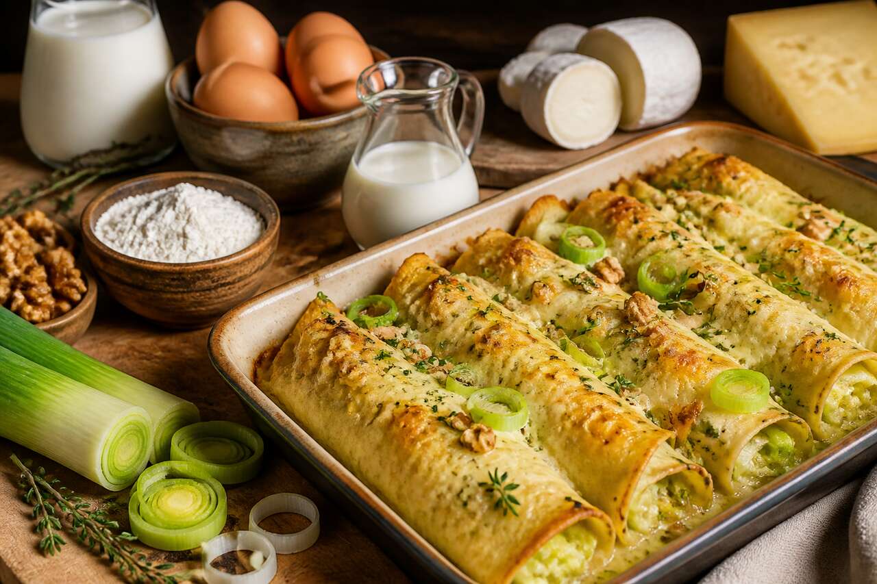 Crêpes aux poireaux et fromage de chèvre au four : recette savoureuse