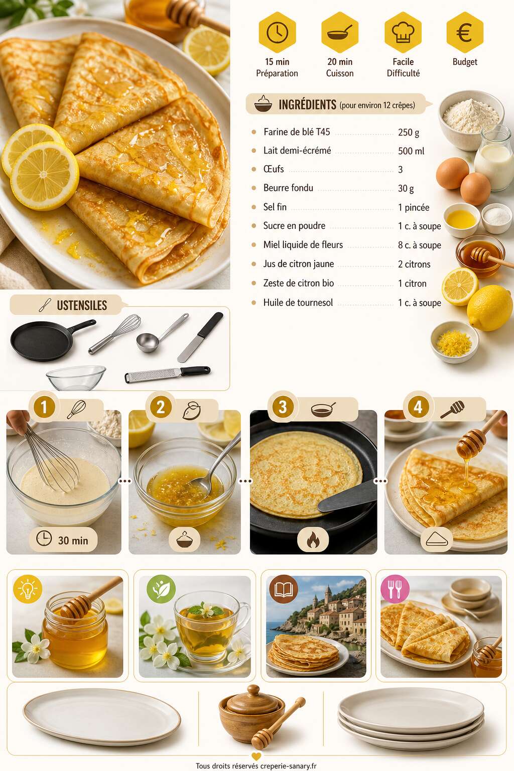 Fiche recette Cr&ecirc;pes au miel et citron : recette gourmande et facile