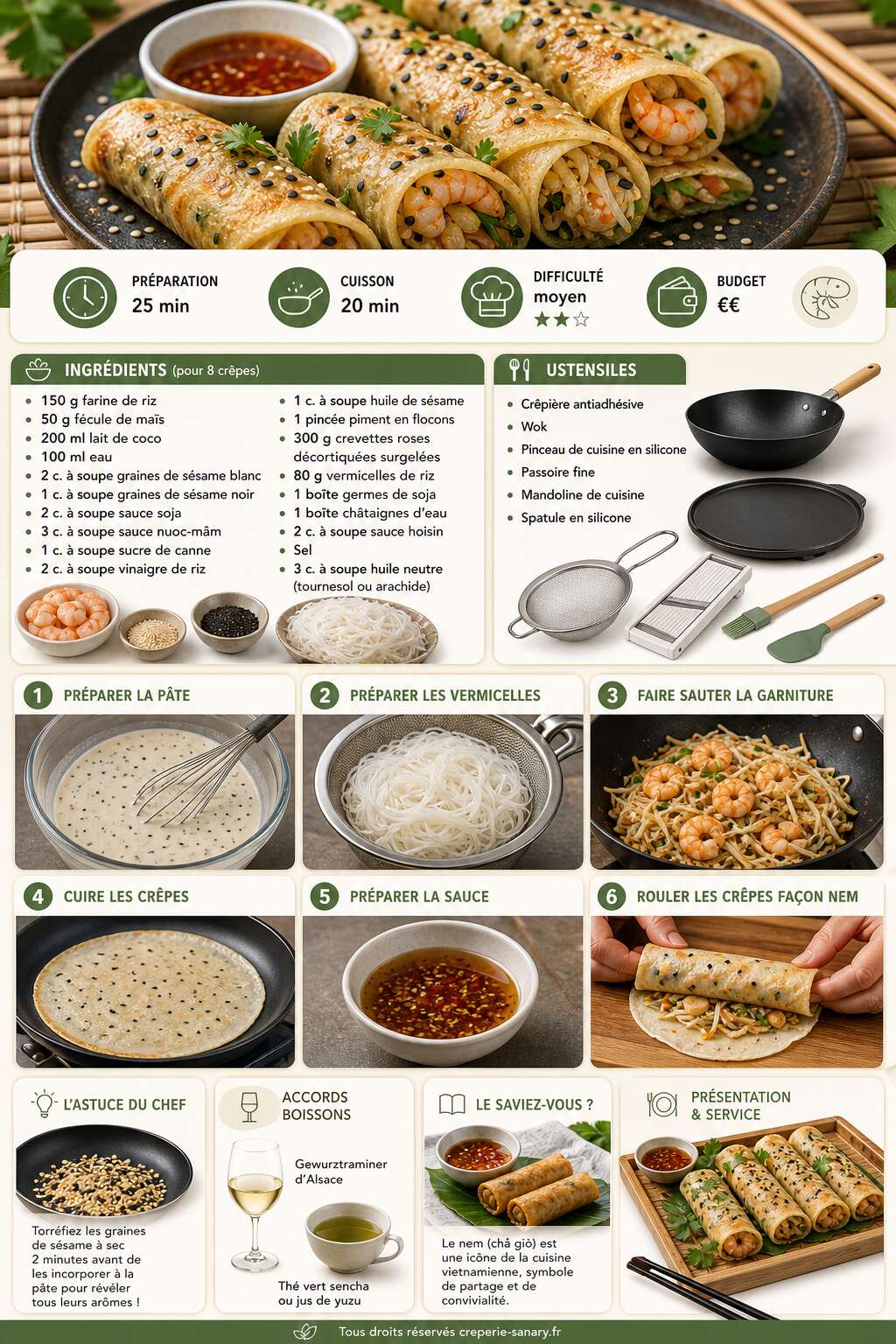 Fiche recette Cr&ecirc;pe aux crevettes et s&eacute;same fa&ccedil;on nem : recette savoureuse