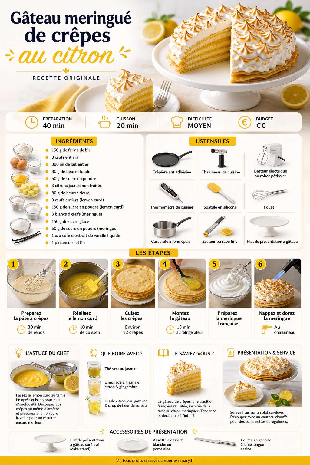 Fiche recette G&acirc;teau meringu&eacute; de cr&ecirc;pes au citron : recette originale