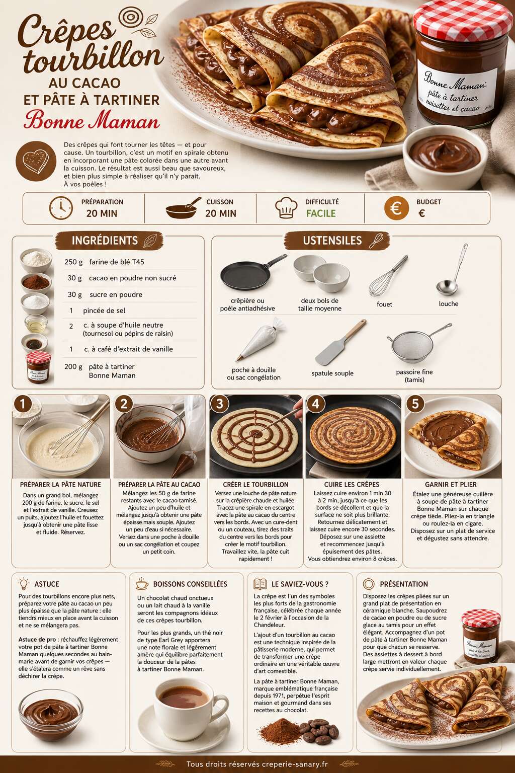 Fiche recette Crêpes tourbillon au cacao et pâte à tartiner Bonne Maman Fiche recette Crêpes tourbillon au cacao et pâte à tartiner Bonne Maman
