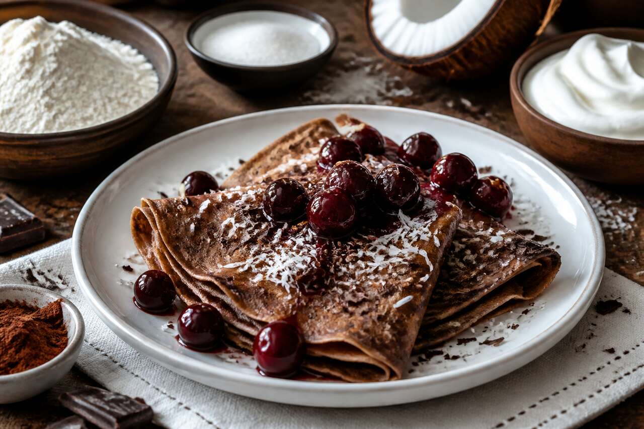 Crêpes aux griottes, chocolat et coco de ma grand-mère