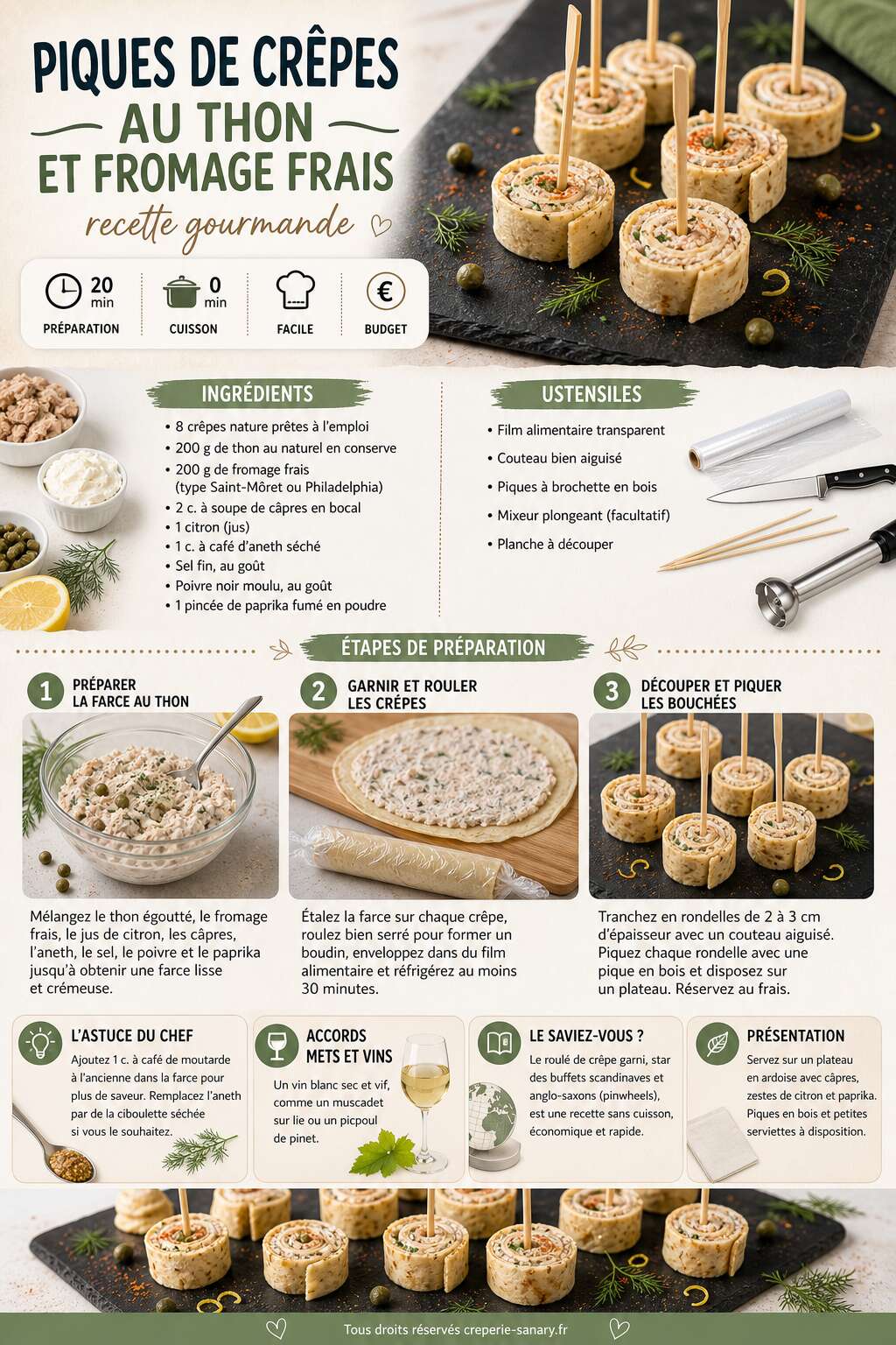 Fiche recette Piques de crêpes au thon et fromage frais : recette gourmande Fiche recette Piques de crêpes au thon et fromage frais : recette gourmande