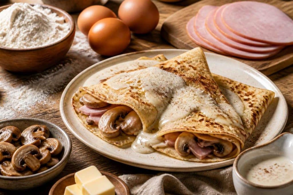 Crêpes farcies aux champignons et jambon : recette savoureuse