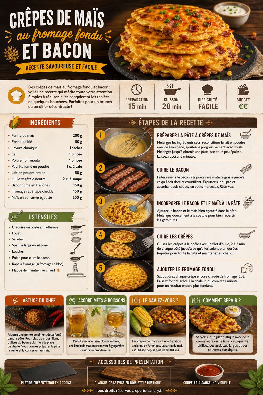 Fiche recette Crêpes de maïs au fromage fondu et bacon : recette savoureuse et facile Fiche recette Crêpes de maïs au fromage fondu et bacon : recette savoureuse et facile