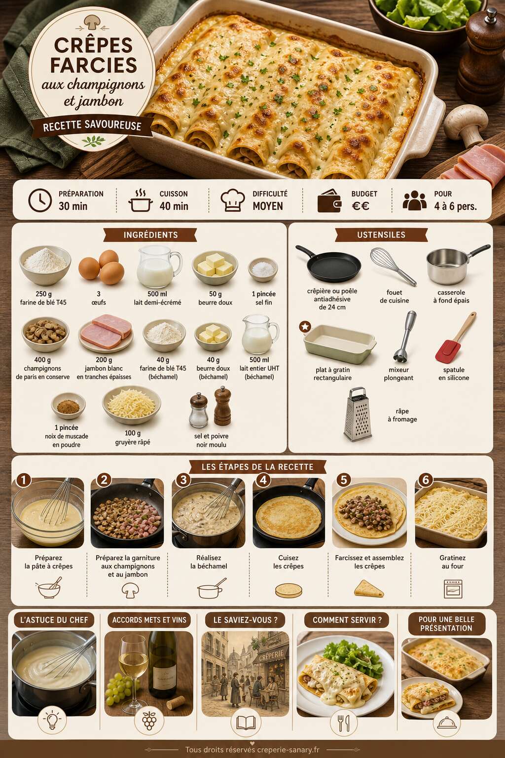 Fiche recette Crêpes farcies aux champignons et jambon : recette savoureuse Fiche recette Crêpes farcies aux champignons et jambon : recette savoureuse
