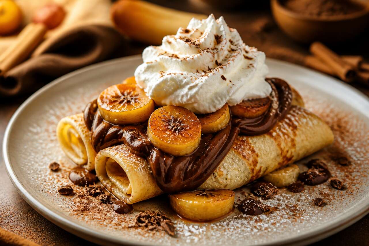 Crêpes à la banane flambée, mousse chocolat et chantilly coco