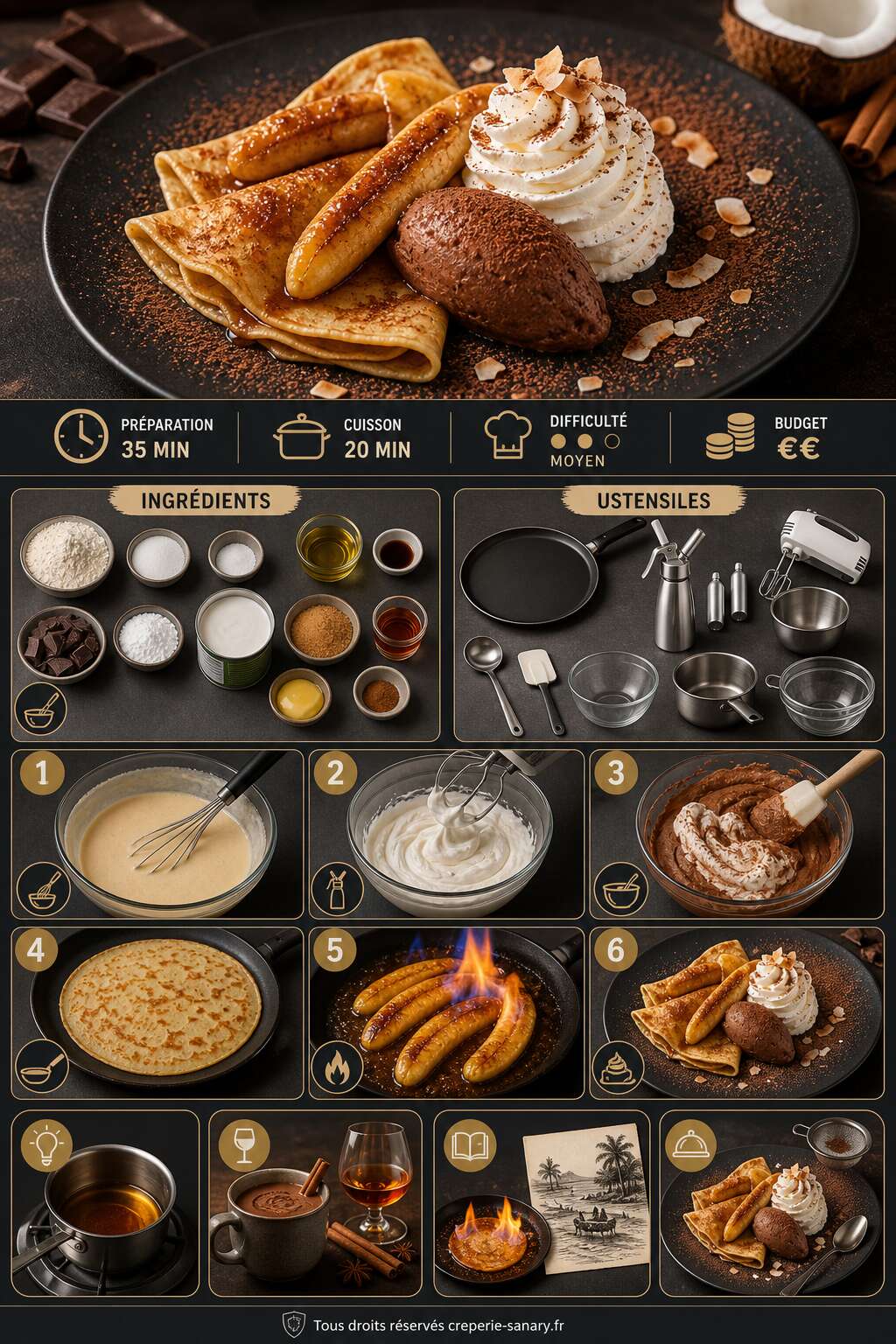 Fiche recette Crêpes à la banane flambée, mousse chocolat et chantilly coco Fiche recette Crêpes à la banane flambée, mousse chocolat et chantilly coco