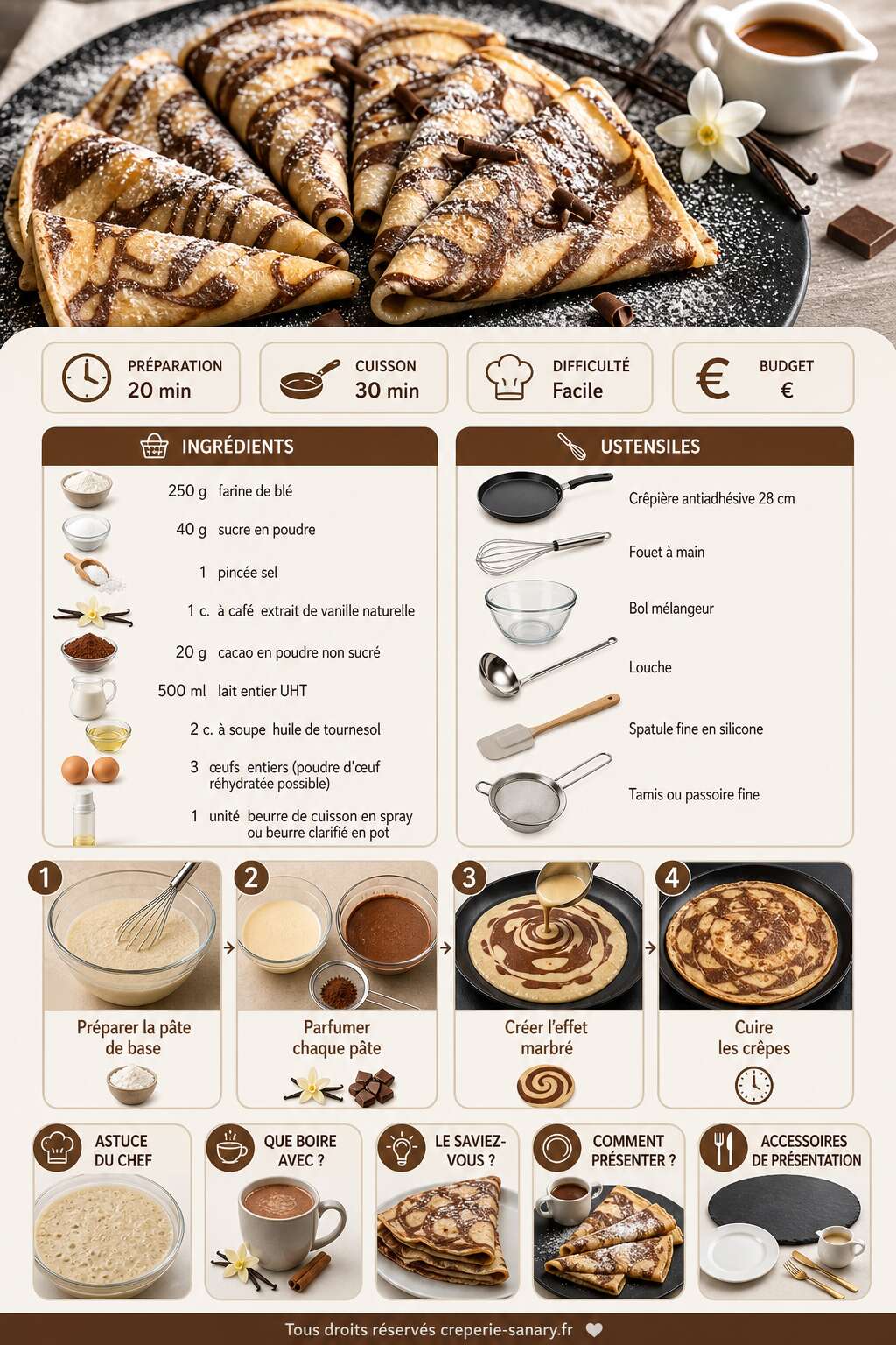 Fiche recette Cr&ecirc;pes marbr&eacute;es &agrave; la vanille et au chocolat : recette gourmande