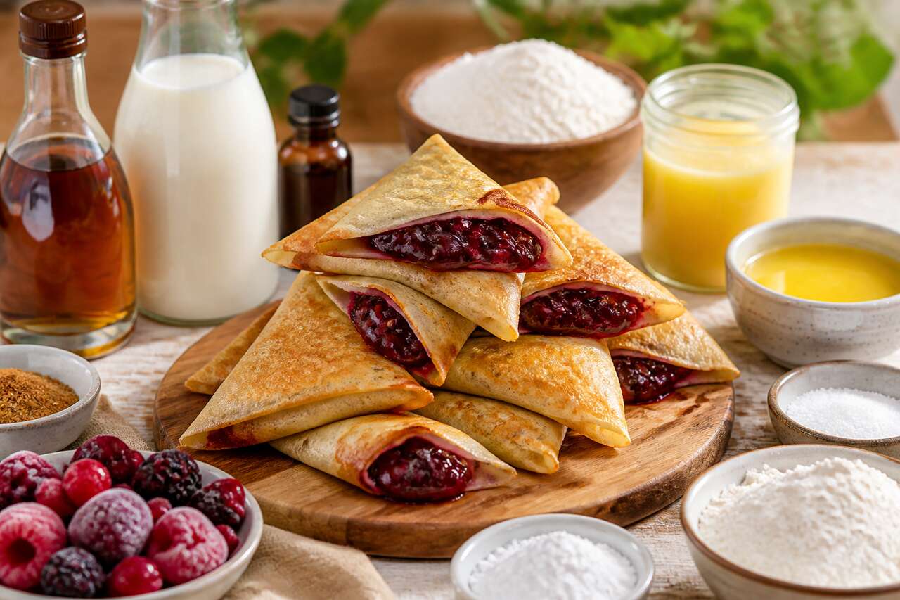 Samoussas de crêpes au rhum et compotée de fruits rouges : recette gourmande