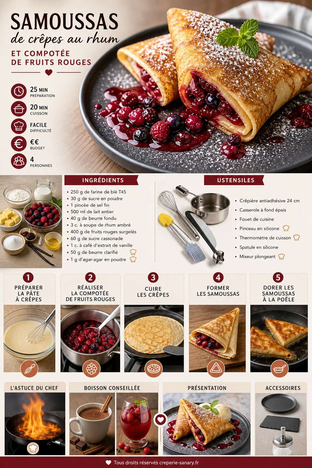 Fiche recette Samoussas de crêpes au rhum et compotée de fruits rouges : recette gourmande Fiche recette Samoussas de crêpes au rhum et compotée de fruits rouges : recette gourmande