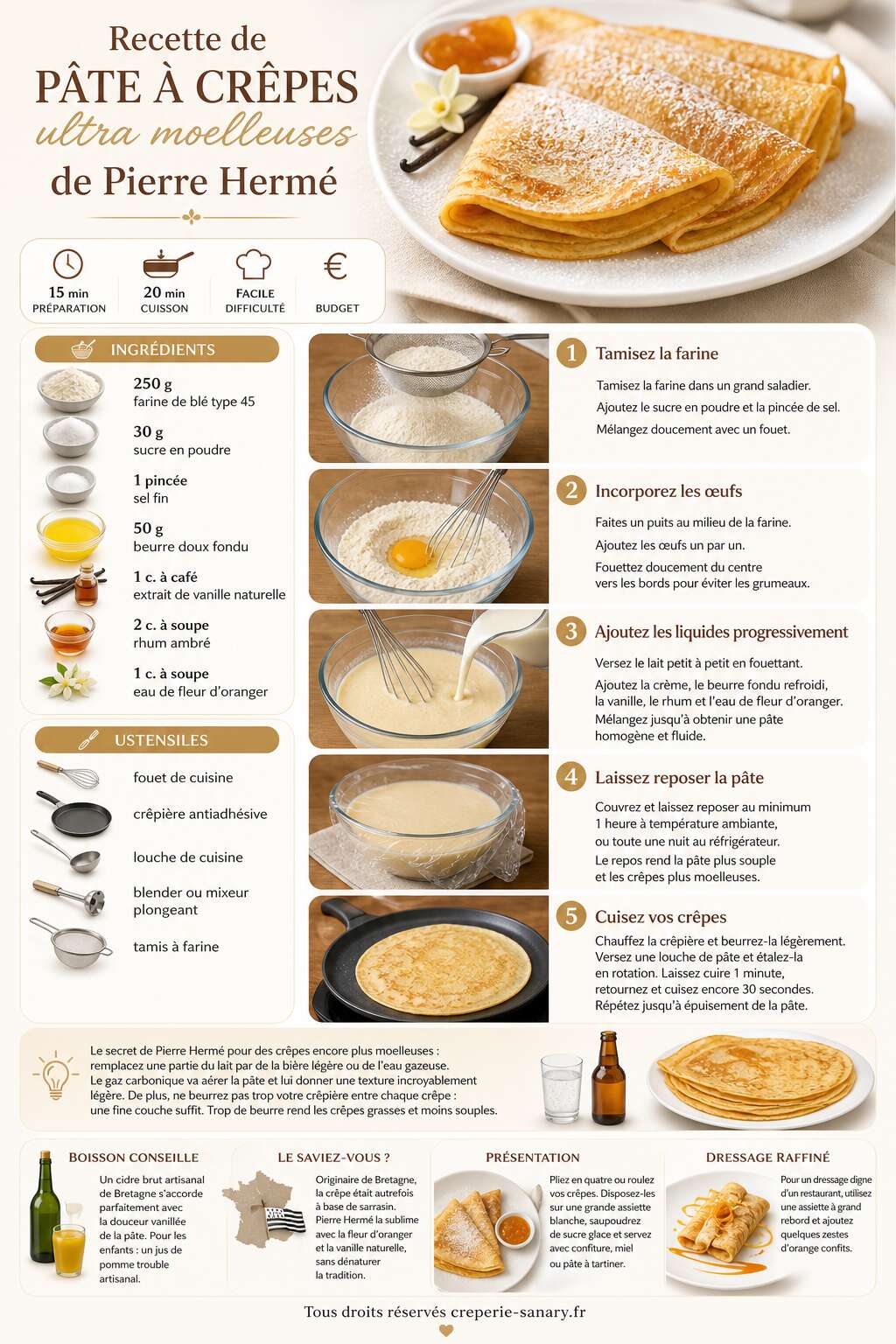 Fiche recette Recette de p&acirc;te &agrave; cr&ecirc;pes ultra moelleuses de Pierre Herm&eacute;