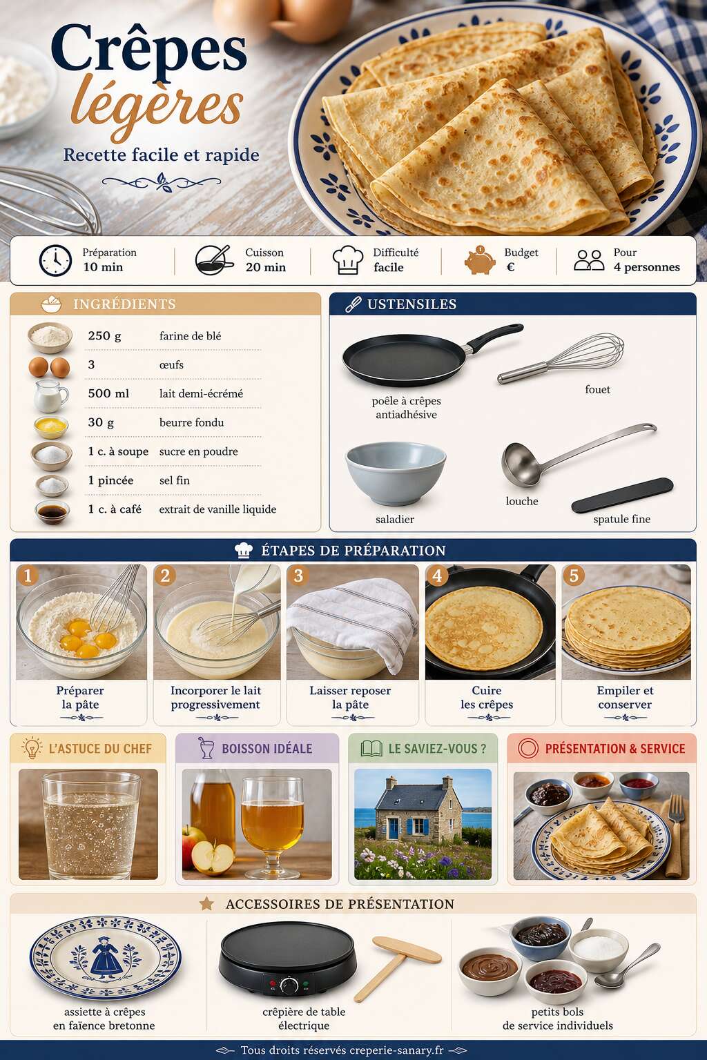 Fiche recette Crêpes légères : recette facile et rapide Fiche recette Crêpes légères : recette facile et rapide