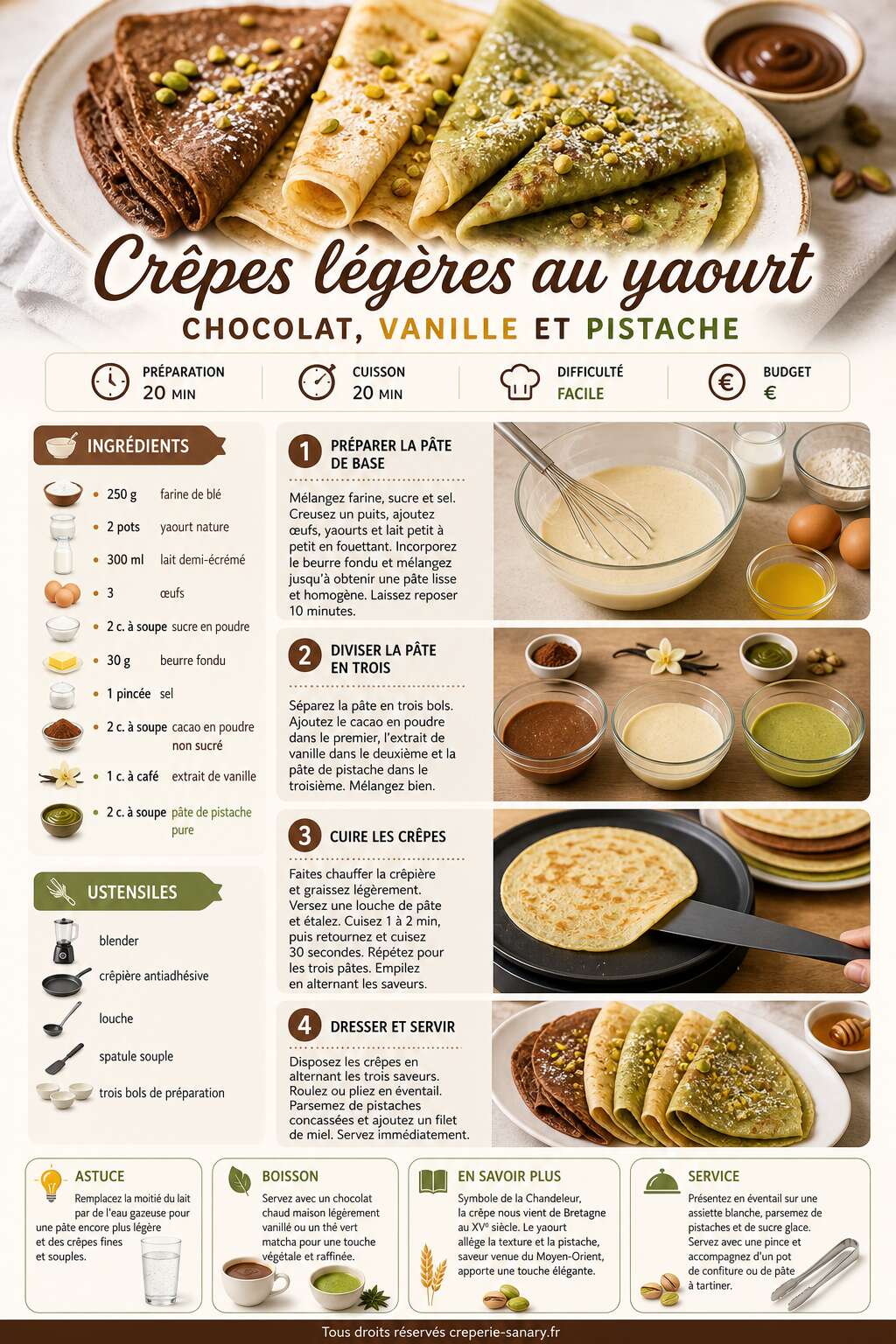 Fiche recette Crêpes légères au yaourt : chocolat, vanille et pistache Fiche recette Crêpes légères au yaourt : chocolat, vanille et pistache