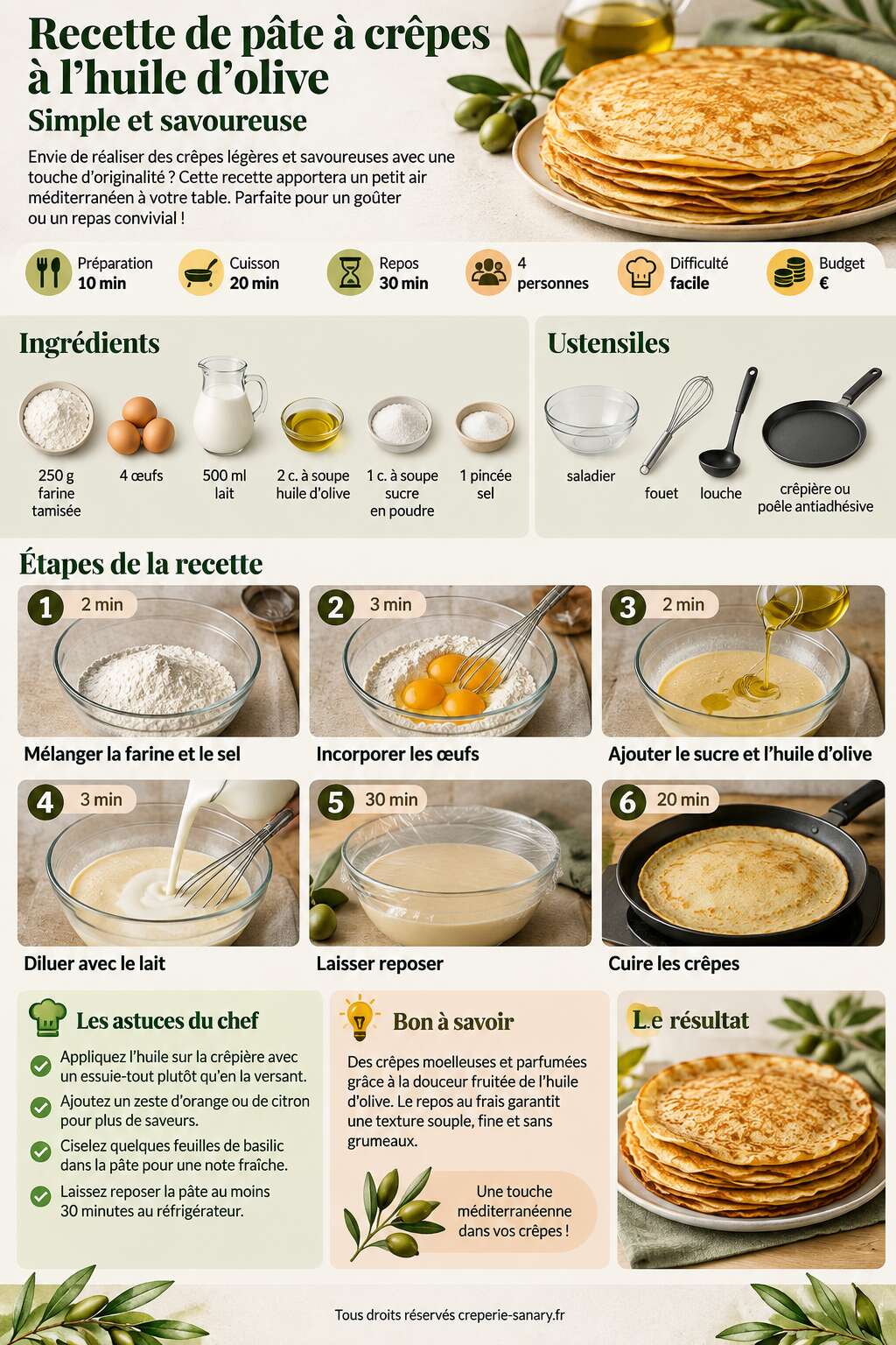 Fiche recette Recette de pâte à crêpes à l'huile d'olive : simple et savoureuse Fiche recette Recette de pâte à crêpes à l'huile d'olive : simple et savoureuse