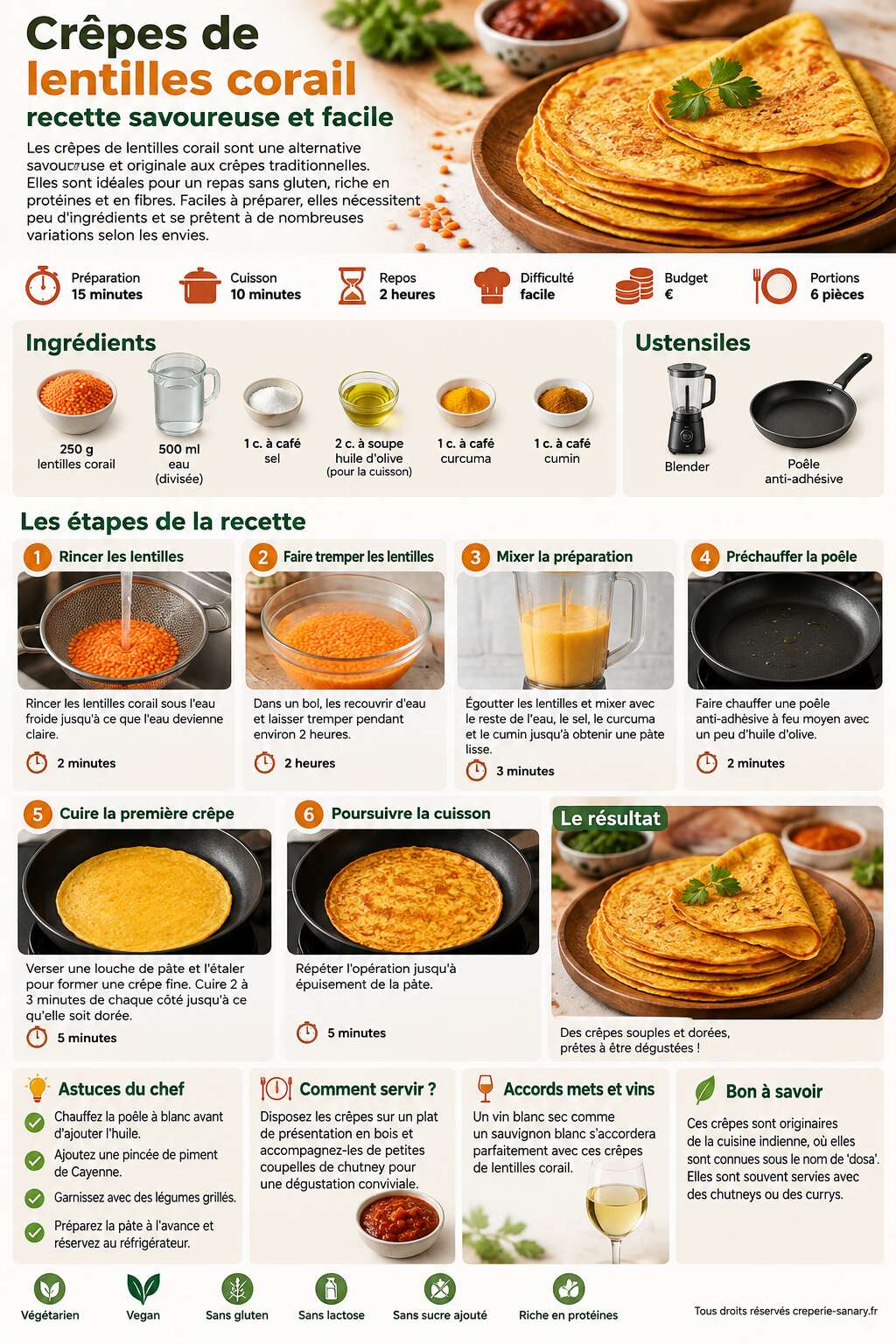 Fiche recette Crêpes de lentilles corail : recette savoureuse et facile Fiche recette Crêpes de lentilles corail : recette savoureuse et facile