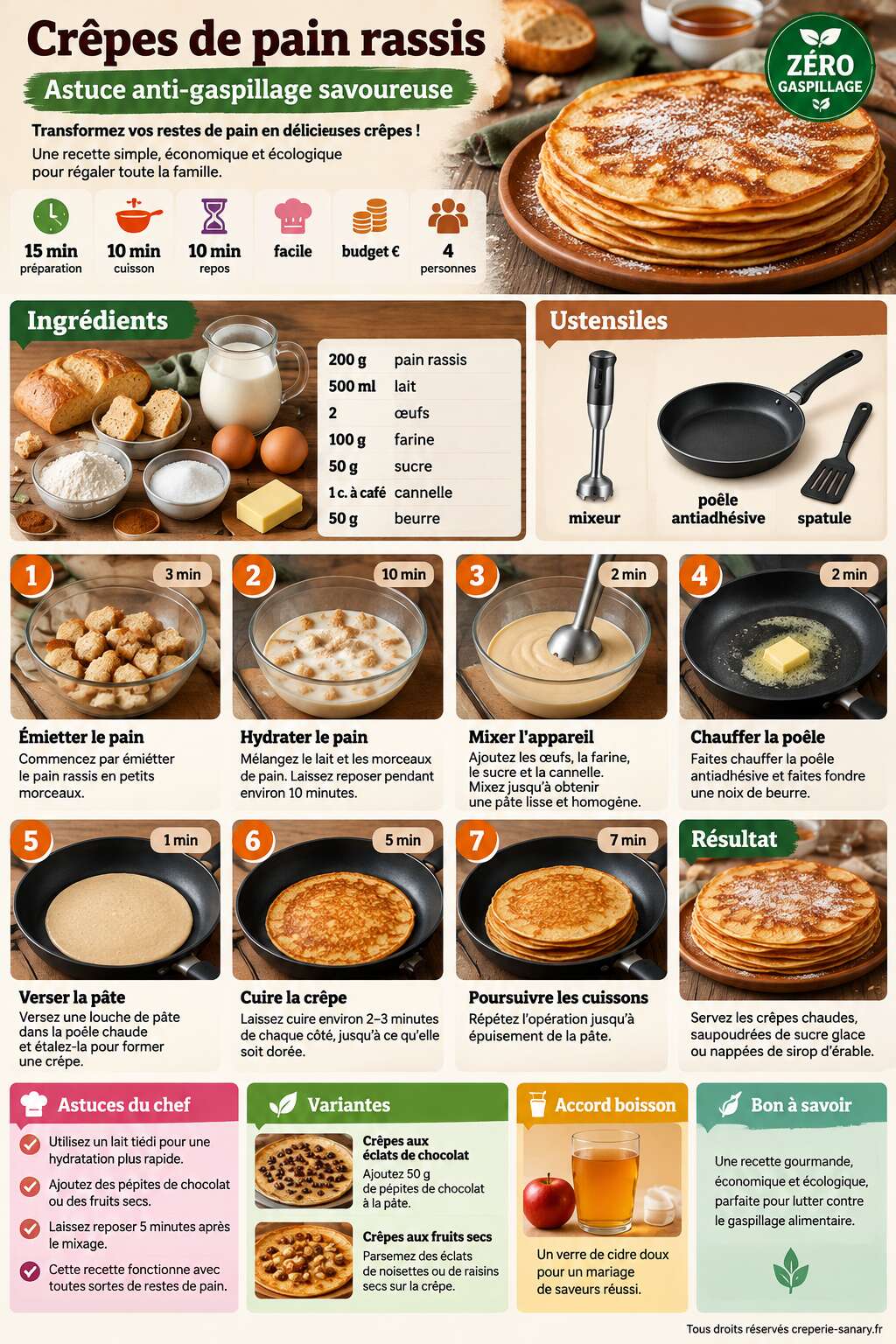 Fiche recette Crêpes de pain rassis : astuce anti-gaspillage savoureuse Fiche recette Crêpes de pain rassis : astuce anti-gaspillage savoureuse