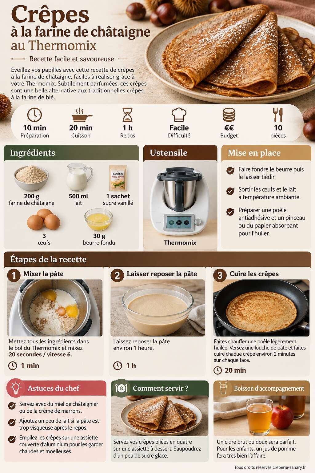 Fiche recette Crêpes à la farine de châtaigne au Thermomix : recette facile et savoureuse Fiche recette Crêpes à la farine de châtaigne au Thermomix : recette facile et savoureuse