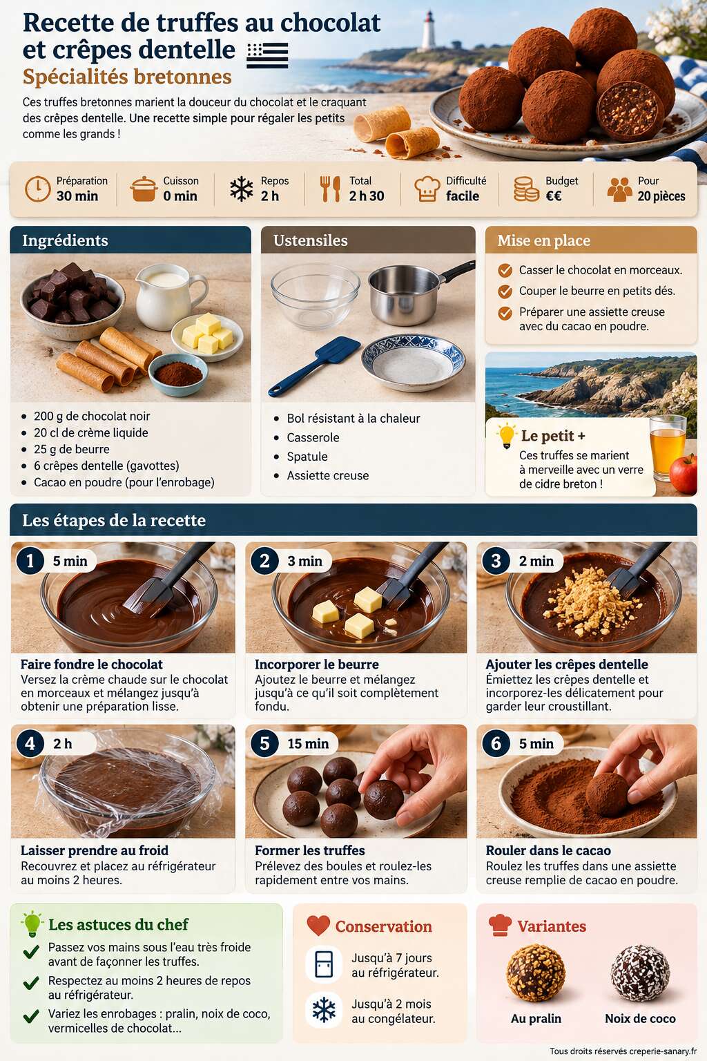 Fiche recette Recette de truffes au chocolat et cr&ecirc;pes dentelle : sp&eacute;cialit&eacute;s bretonnes